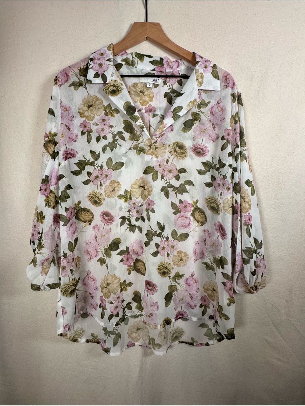Kut from the Kloth White Floral Tunic w/Pink & Olive Balloon Sleeves, Boho,Sheer